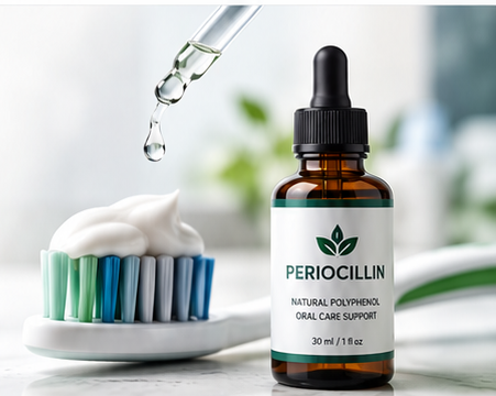 Periocillin dropper bottle beside toothpaste on a toothbrush